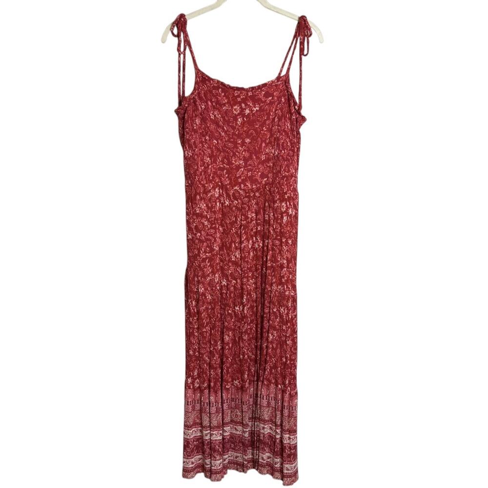 Knox Rose Womens Midi Dress L Red Floral Tie Strap Smocked Rayon